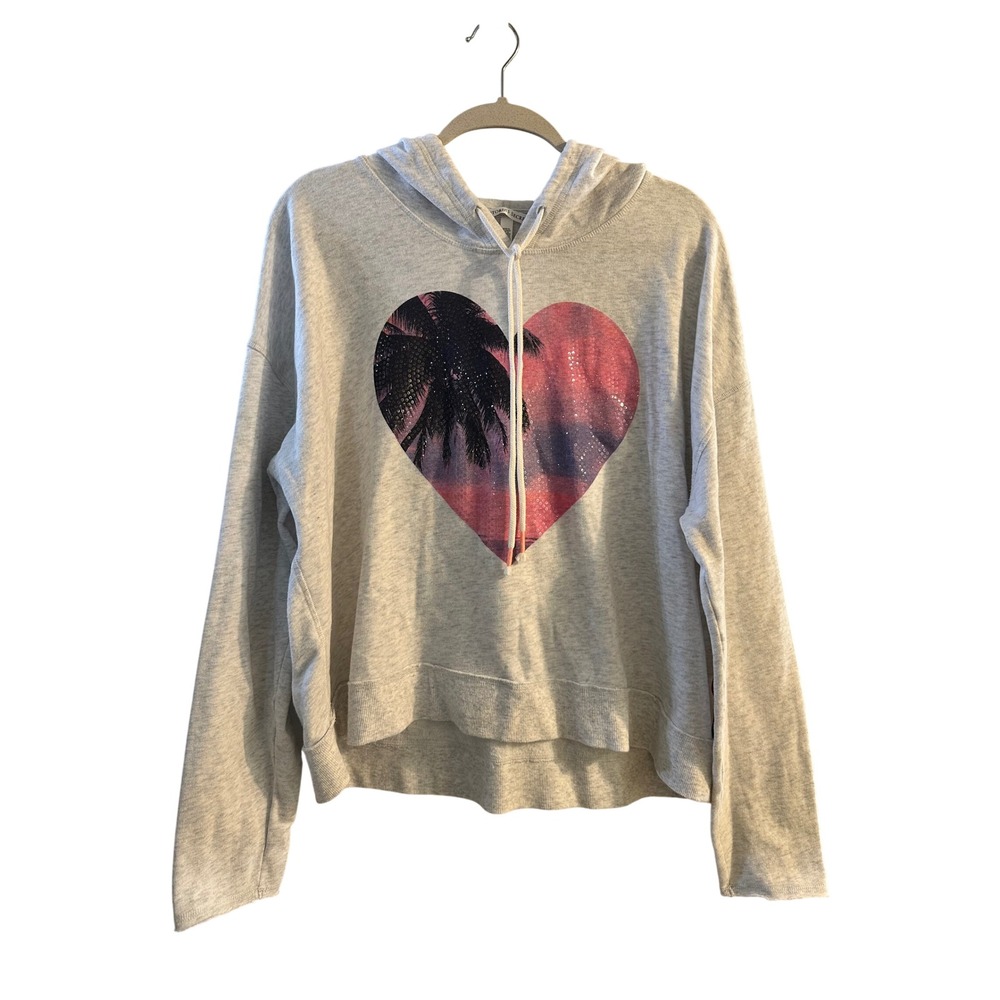 Victorias Secret Gray Heart Palm Tree Sequin Cropped Hoodie Sweatshirt XL